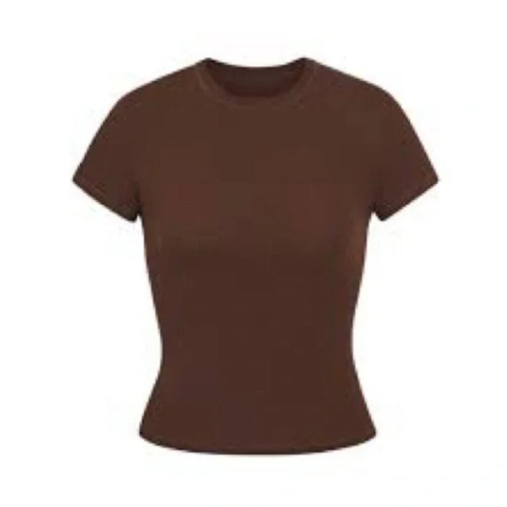 SKIMS Fits Everybody Short Sleeve T Shirt Womens XL Cocoa Brown Stretch NWT - Picture 2 of 10